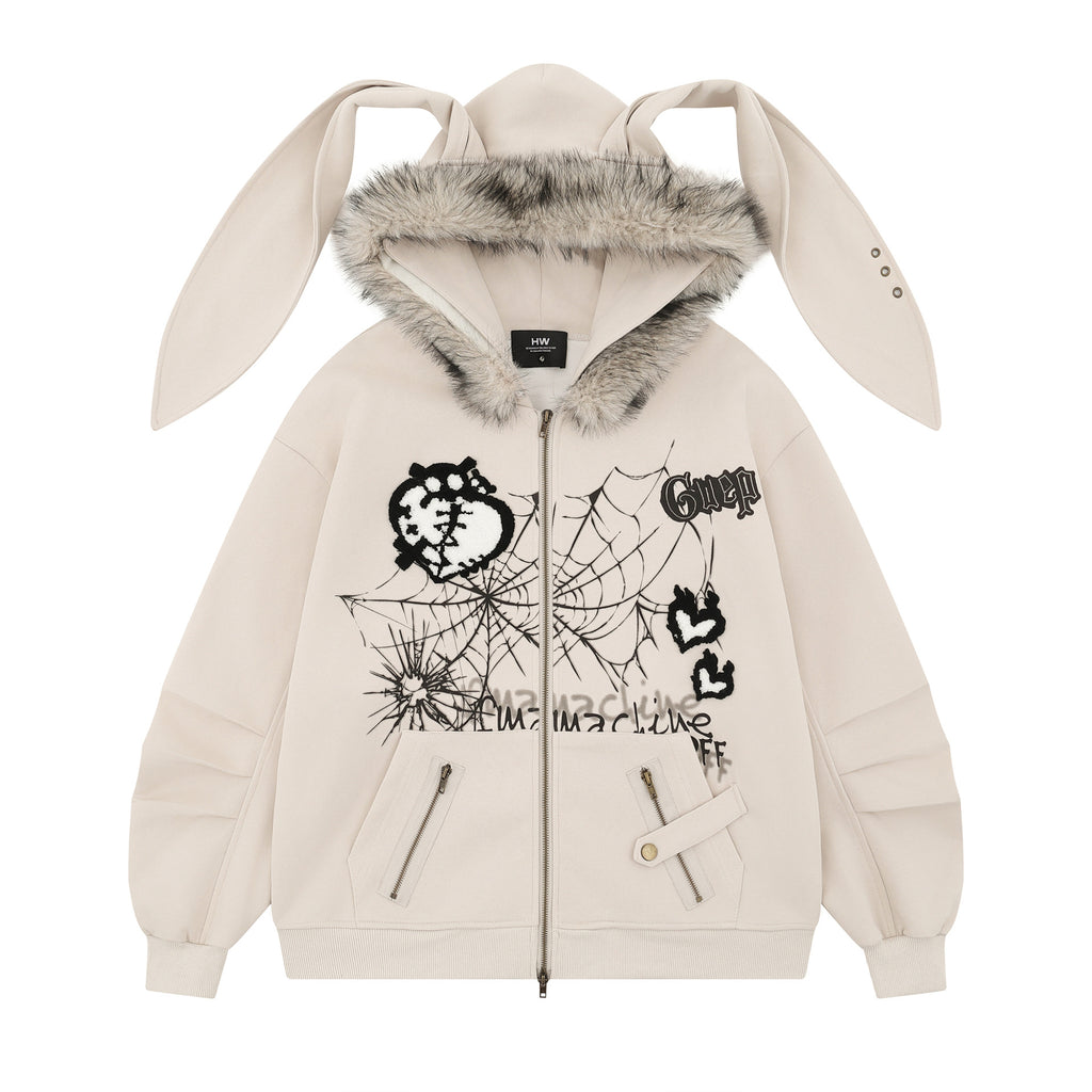 Hip-Hop Yabi Printed Rabbit Ear Cardigan Hooded Sweater Men's And Women's Vintage Vintage Jacket