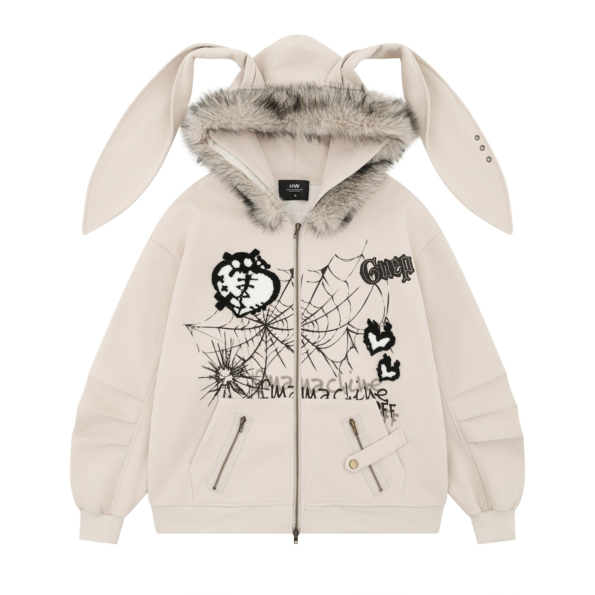 Hip-Hop Yabi Printed Rabbit Ear Cardigan Hooded Sweater Men's And Women's Vintage Vintage Jacket