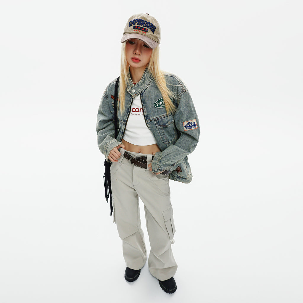 High Street Ins American Style Hip-Hop Denim Coat Autumn Loose Washed Dressed Off-Collar Jacket Top