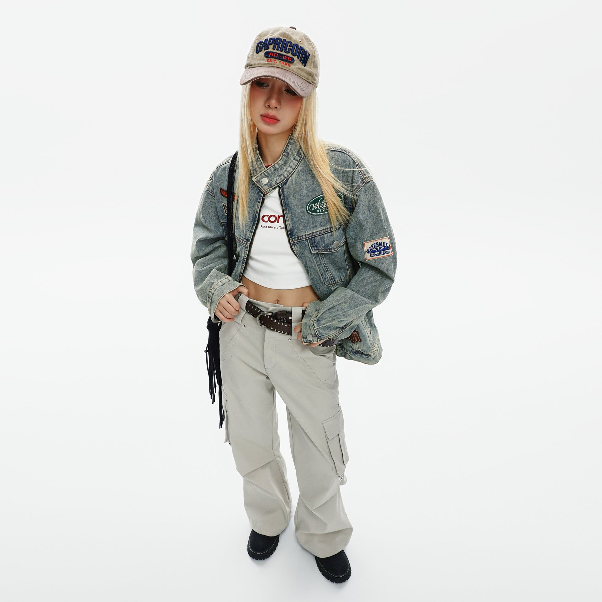 High Street Ins American Style Hip-Hop Denim Coat Autumn Loose Washed Dressed Off-Collar Jacket Top