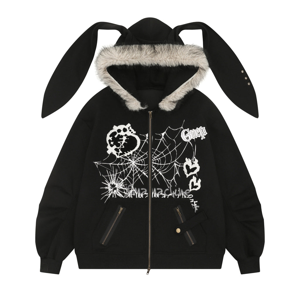 Hip-Hop Yabi Printed Rabbit Ear Cardigan Hooded Sweater Men's And Women's Vintage Vintage Jacket