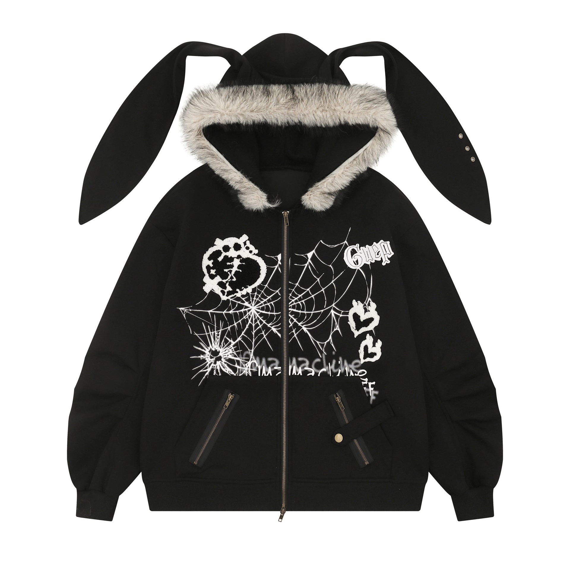 Hip-Hop Yabi Printed Rabbit Ear Cardigan Hooded Sweater Men's And Women's Vintage Vintage Jacket