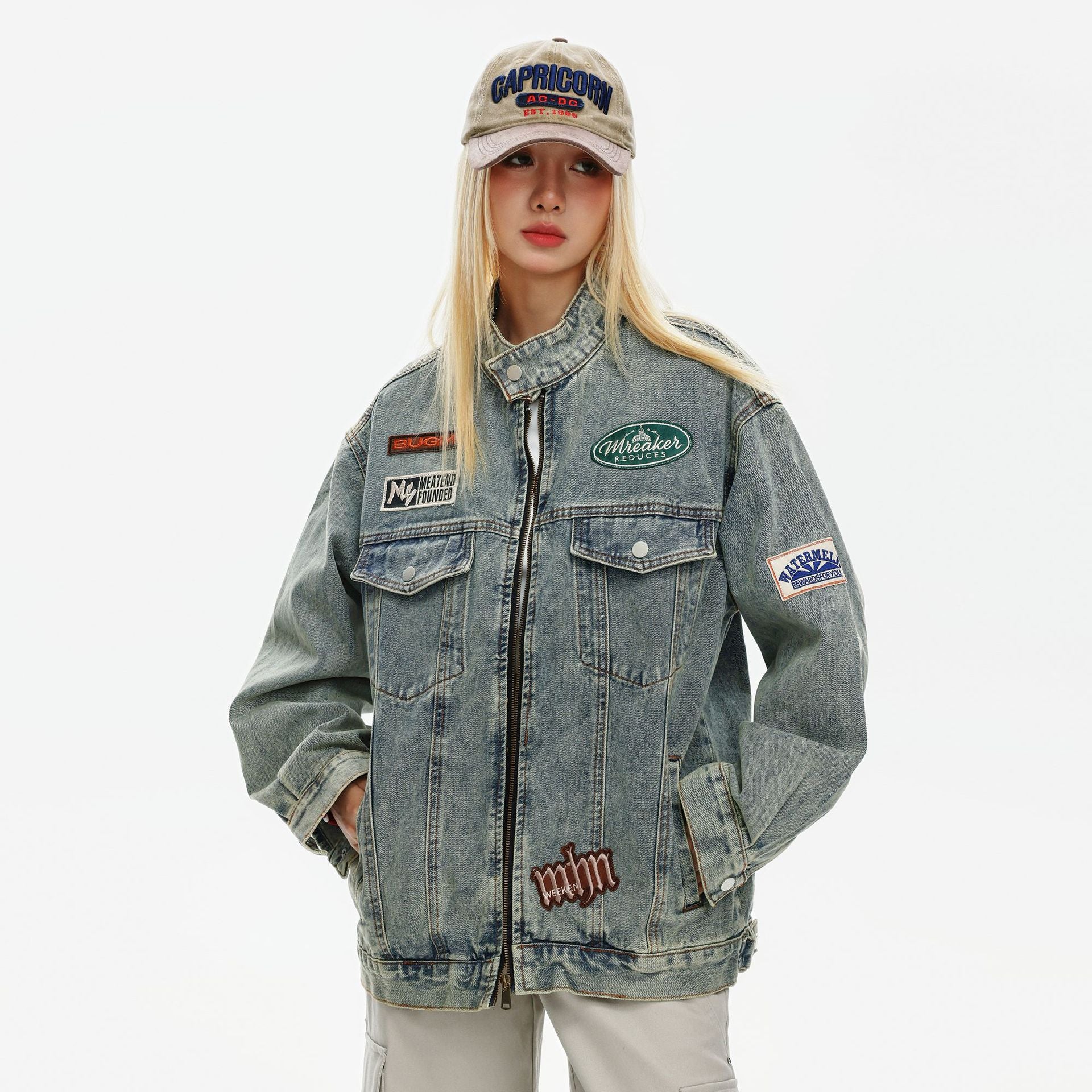 High Street Ins American Style Hip-Hop Denim Coat Autumn Loose Washed Dressed Off-Collar Jacket Top
