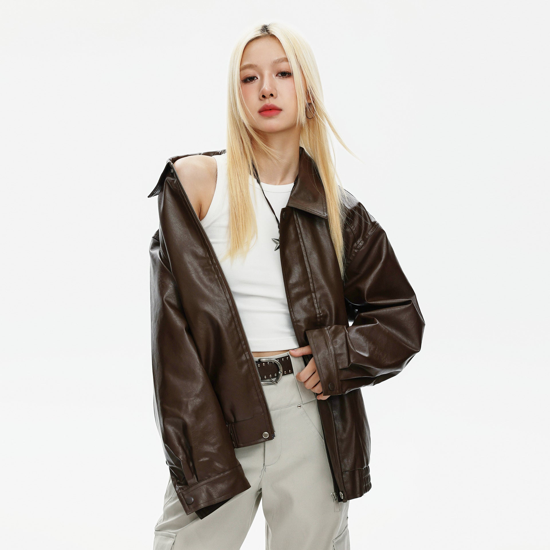 Autumn And Winter New PU Leather Solid Color Hip-Hop Coat Top Ins American Style Retro Motorcycle Style Leather Jacket