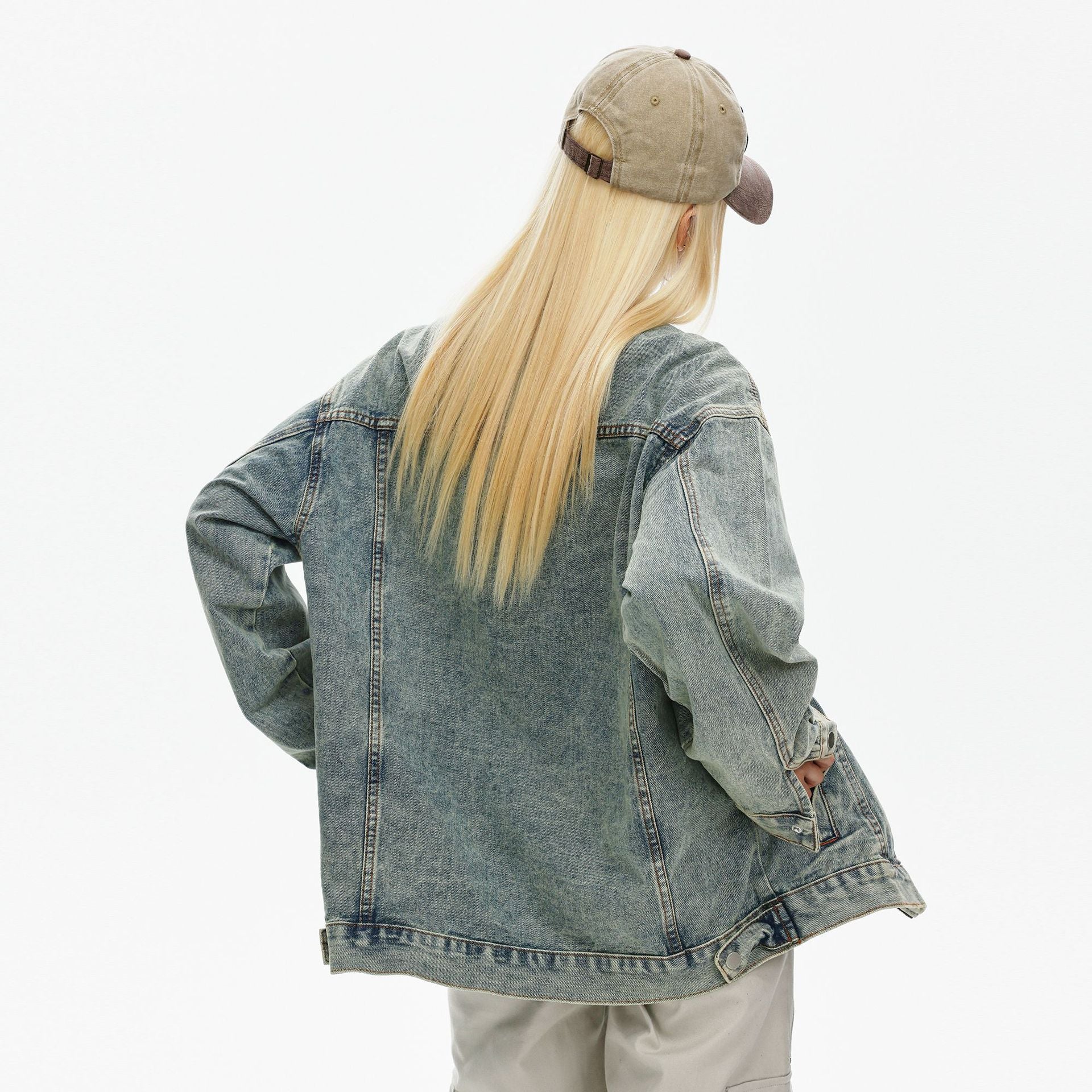 High Street Ins American Style Hip-Hop Denim Coat Autumn Loose Washed Dressed Off-Collar Jacket Top