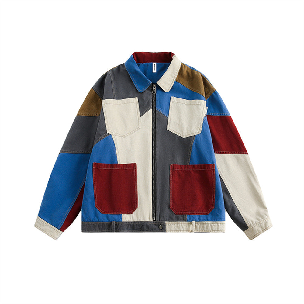 Beggar Stitching Contrast Color Patch Irregular Jacket Men's Hip-Hop Fashionable Multi-Pocket Design Distinctive Loose Jacket