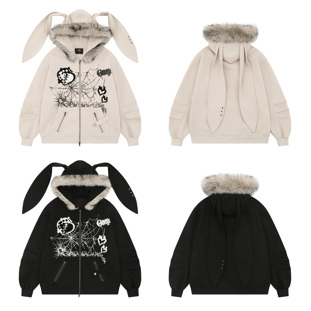 Hip-Hop Yabi Printed Rabbit Ear Cardigan Hooded Sweater Men's And Women's Vintage Vintage Jacket