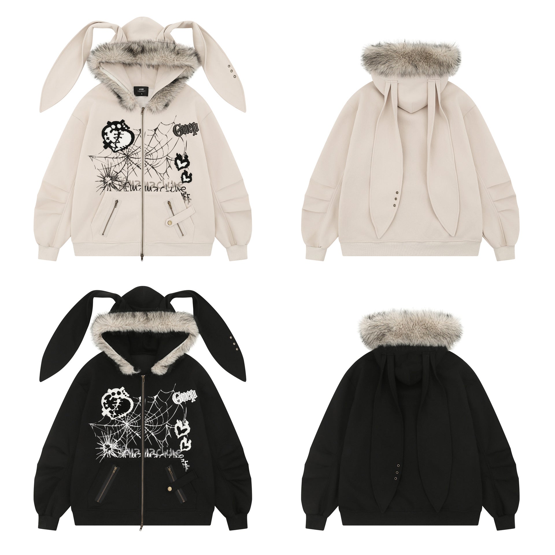 Hip-Hop Yabi Printed Rabbit Ear Cardigan Hooded Sweater Men's And Women's Vintage Vintage Jacket