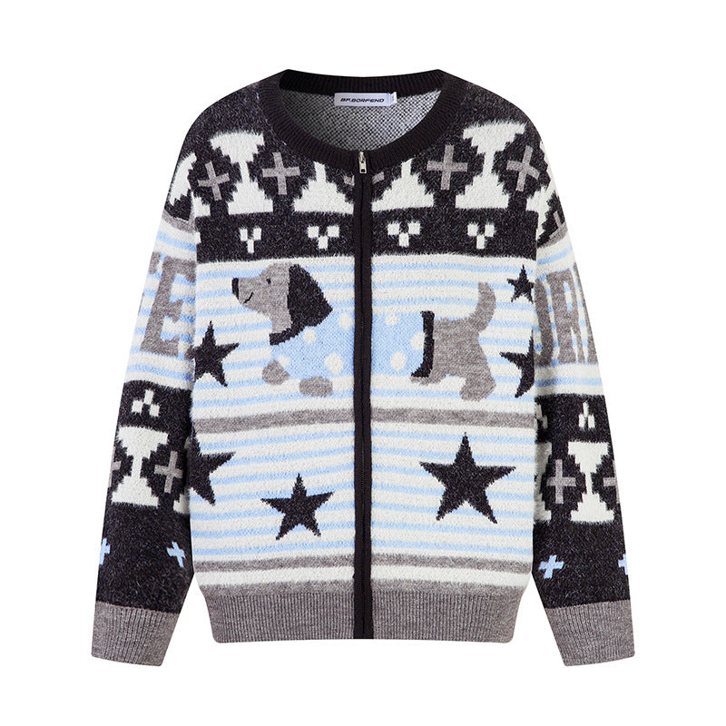 American Style Retro Star Stripe Animal Print Sweater Loose Trendy Brand Street Hip Hop Knitted Cardigan