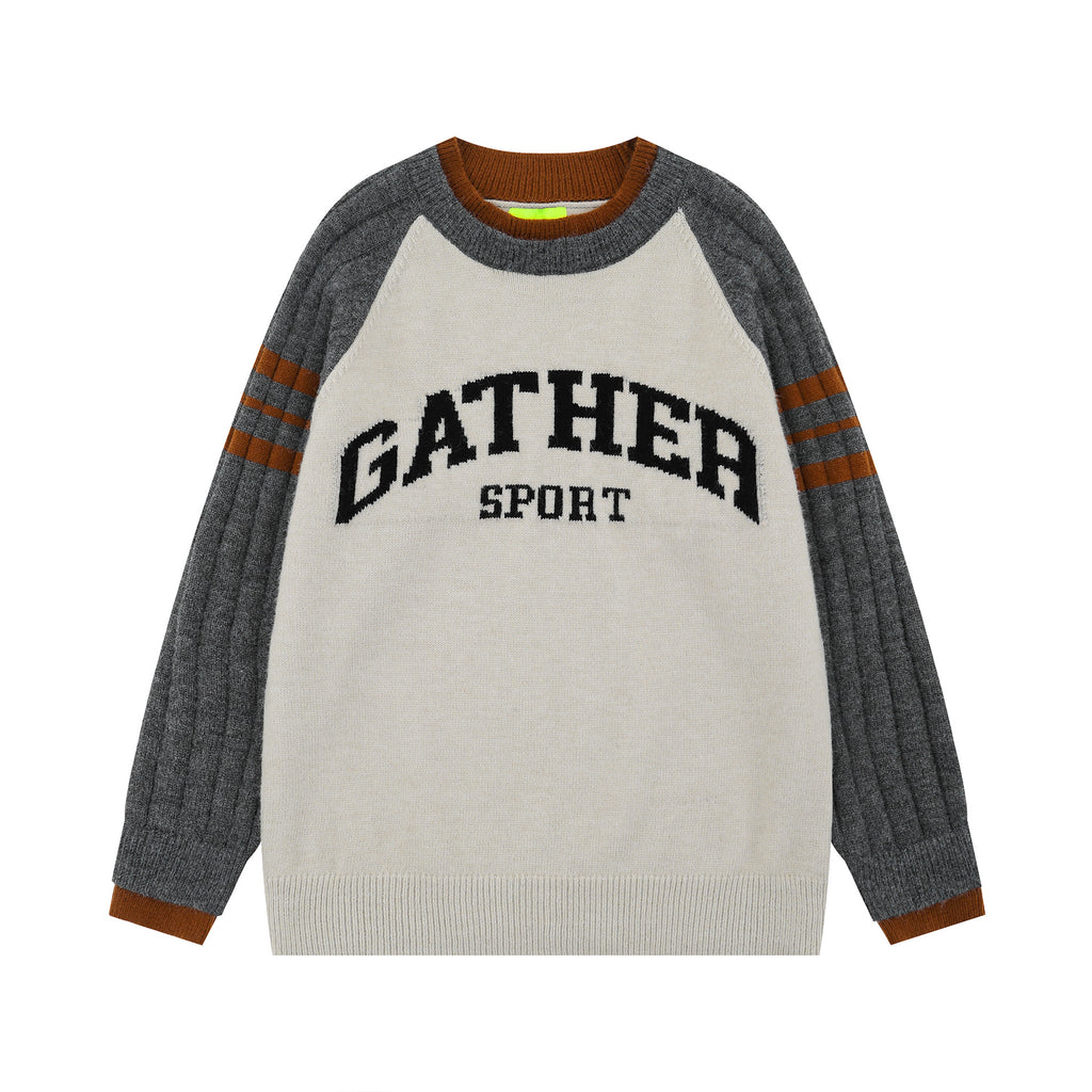 2025 New American Style High Street Fashionable Hip Hop Letter Embroidered Colorblock Crewneck Loose Knit Sweater