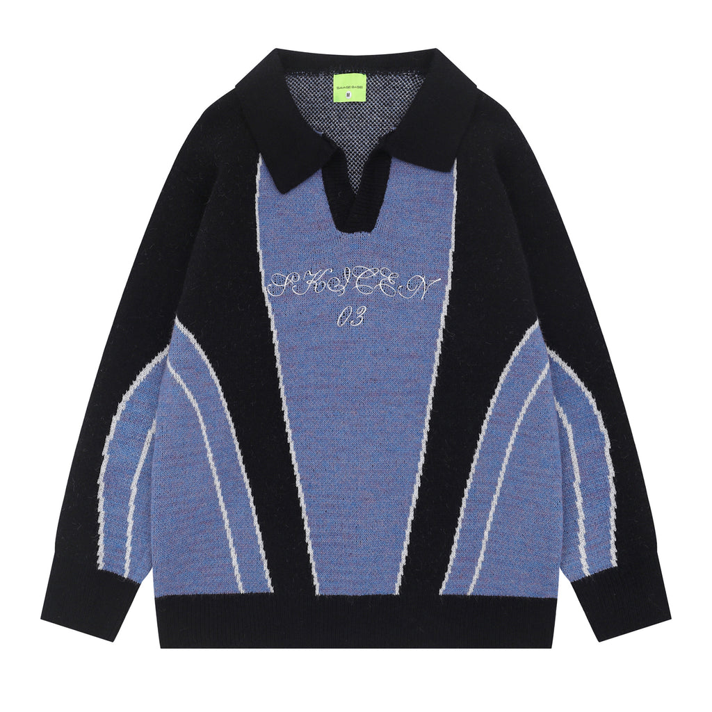 2025 New American Color-block Trendy Letter Embroidered Hip-hop Loose Casual Knit Top