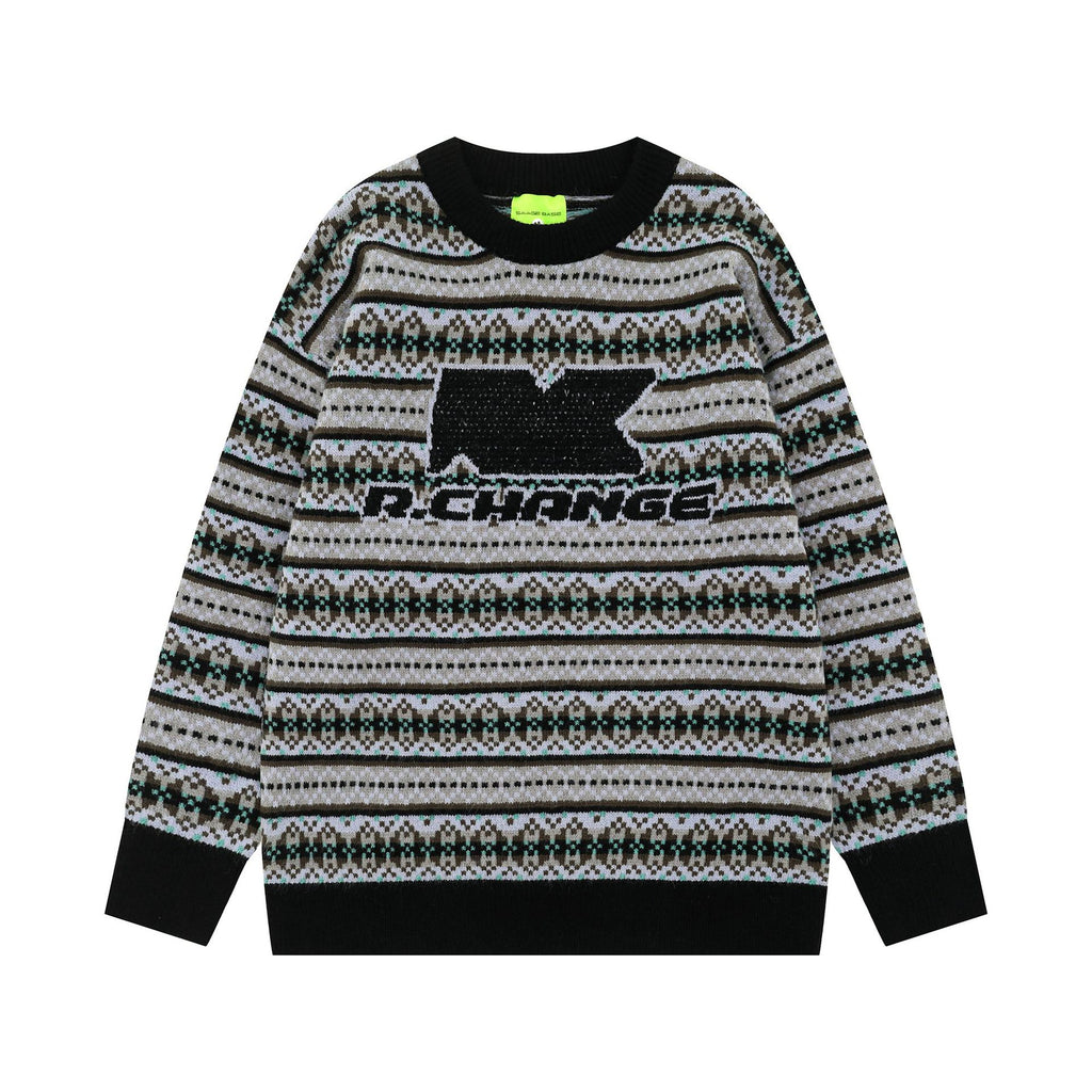 2025 New American Street Fashion Hip Hop Trendy Letter Embroidered Striped Loose Casual Knit Sweater