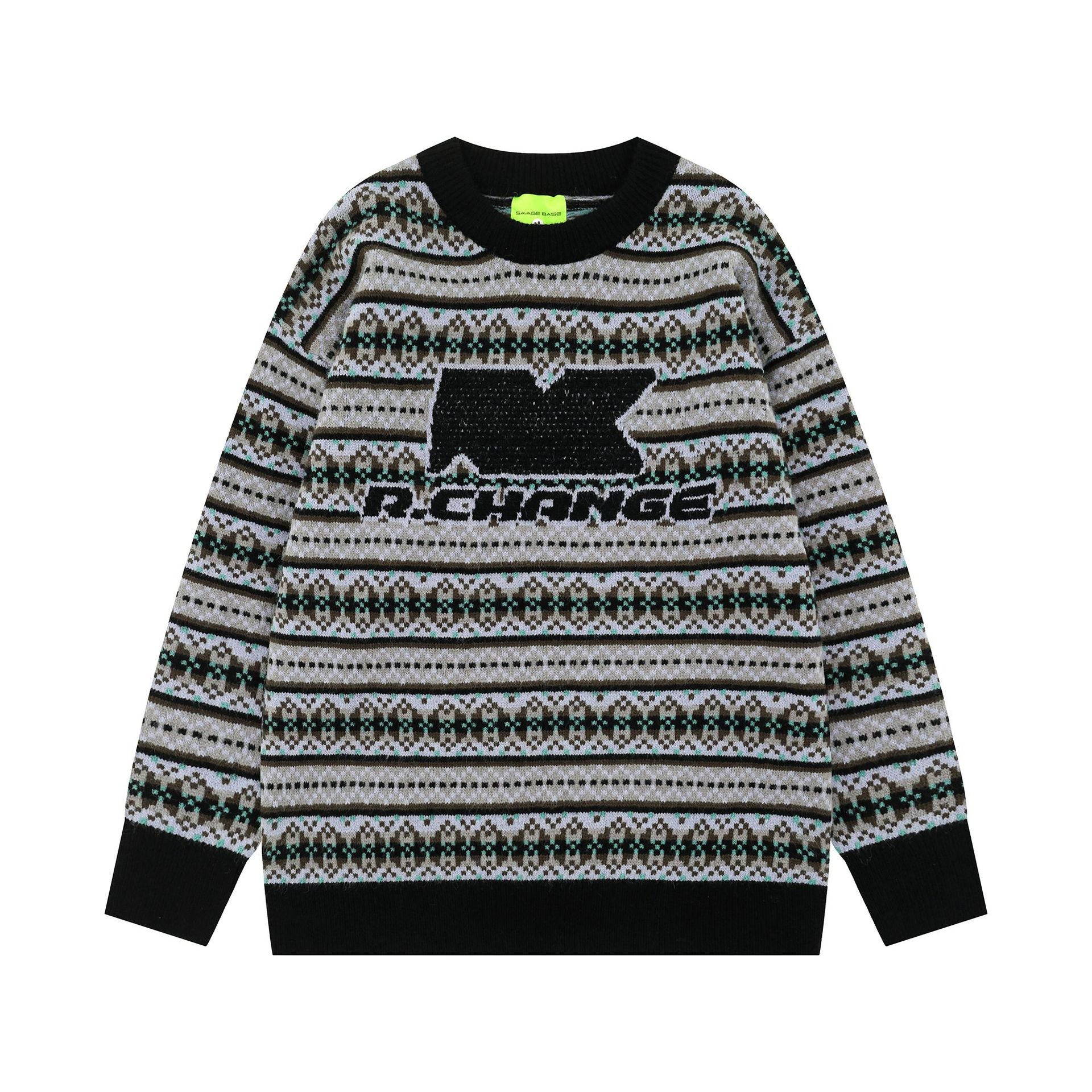 2025 New American Street Fashion Hip Hop Trendy Letter Embroidered Striped Loose Casual Knit Sweater