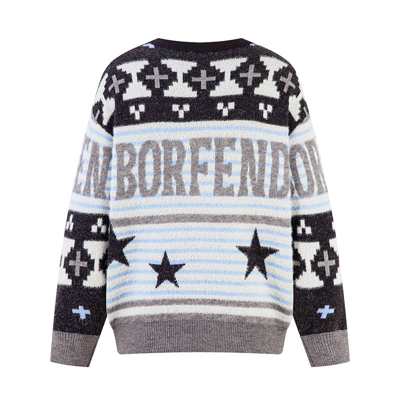 American Style Retro Star Stripe Animal Print Sweater Loose Trendy Brand Street Hip Hop Knitted Cardigan