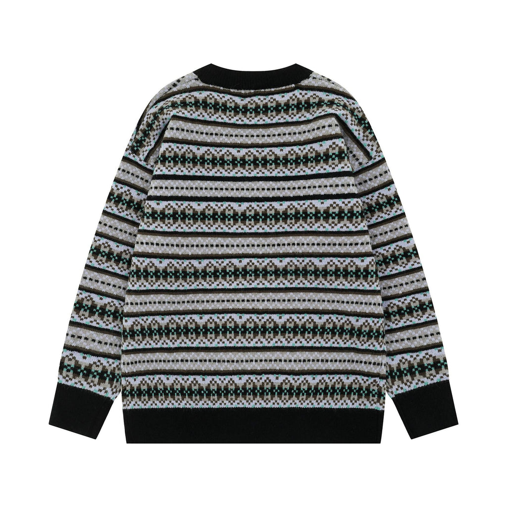 2025 New American Street Fashion Hip Hop Trendy Letter Embroidered Striped Loose Casual Knit Sweater