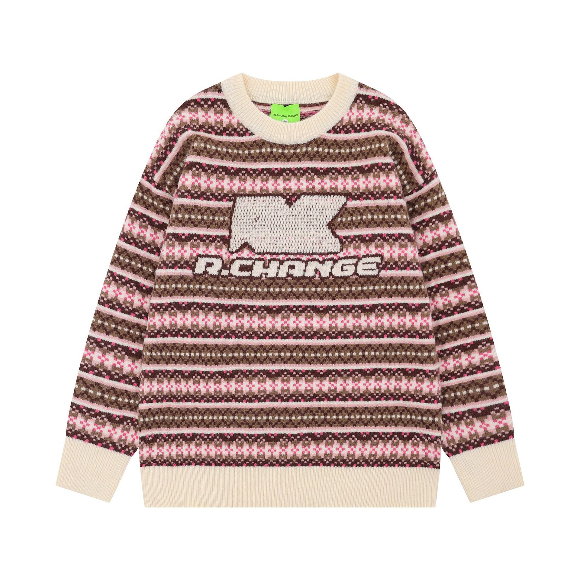 2025 New American Street Fashion Hip Hop Trendy Letter Embroidered Striped Loose Casual Knit Sweater