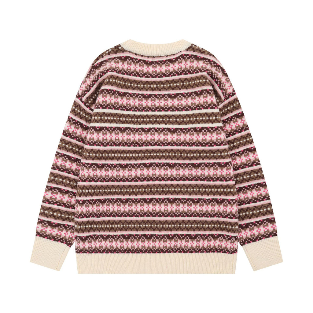 2025 New American Street Fashion Hip Hop Trendy Letter Embroidered Striped Loose Casual Knit Sweater