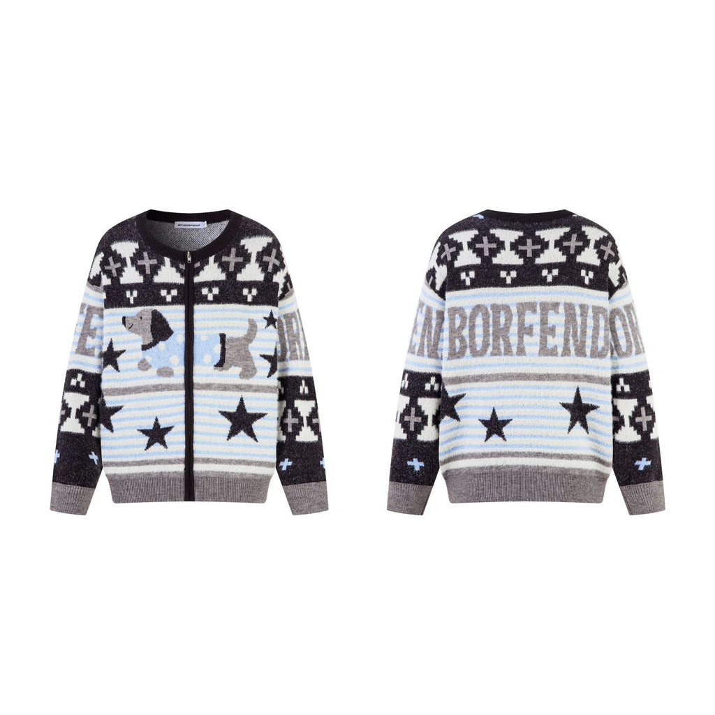 American Style Retro Star Stripe Animal Print Sweater Loose Trendy Brand Street Hip Hop Knitted Cardigan
