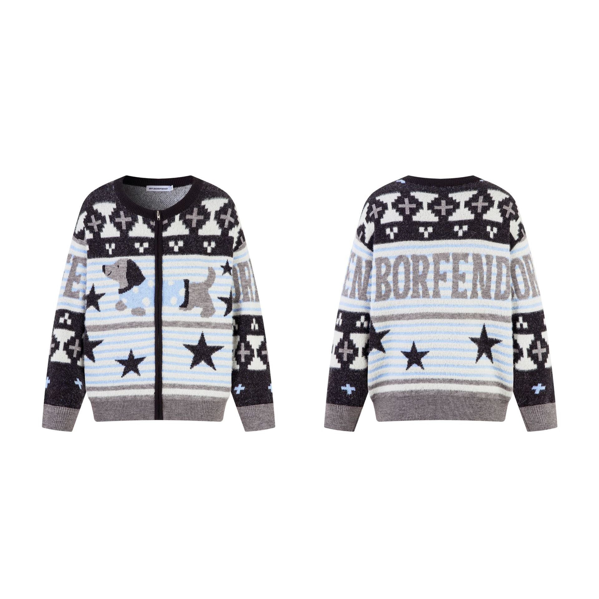 American Style Retro Star Stripe Animal Print Sweater Loose Trendy Brand Street Hip Hop Knitted Cardigan