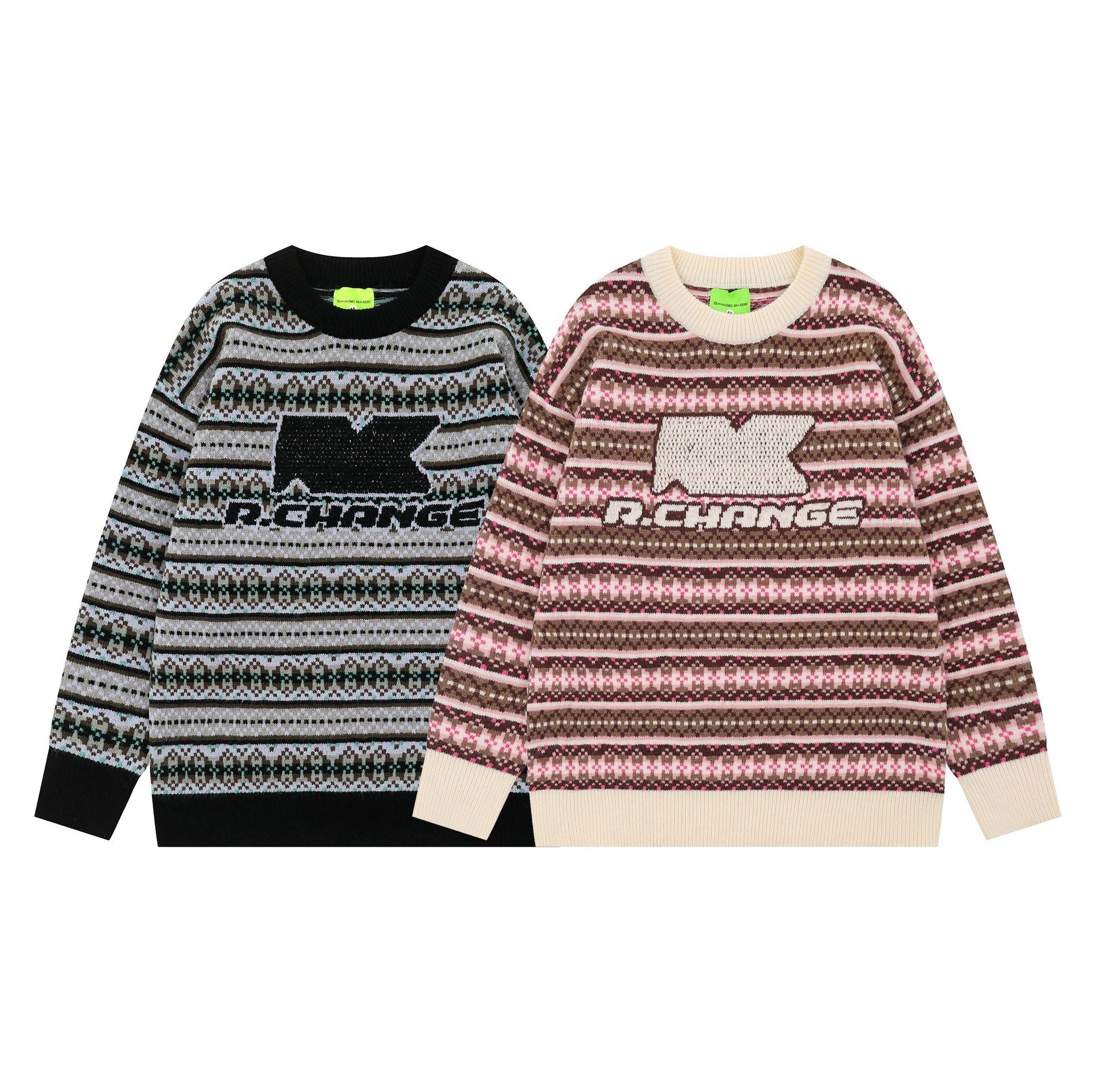 2025 New American Street Fashion Hip Hop Trendy Letter Embroidered Striped Loose Casual Knit Sweater