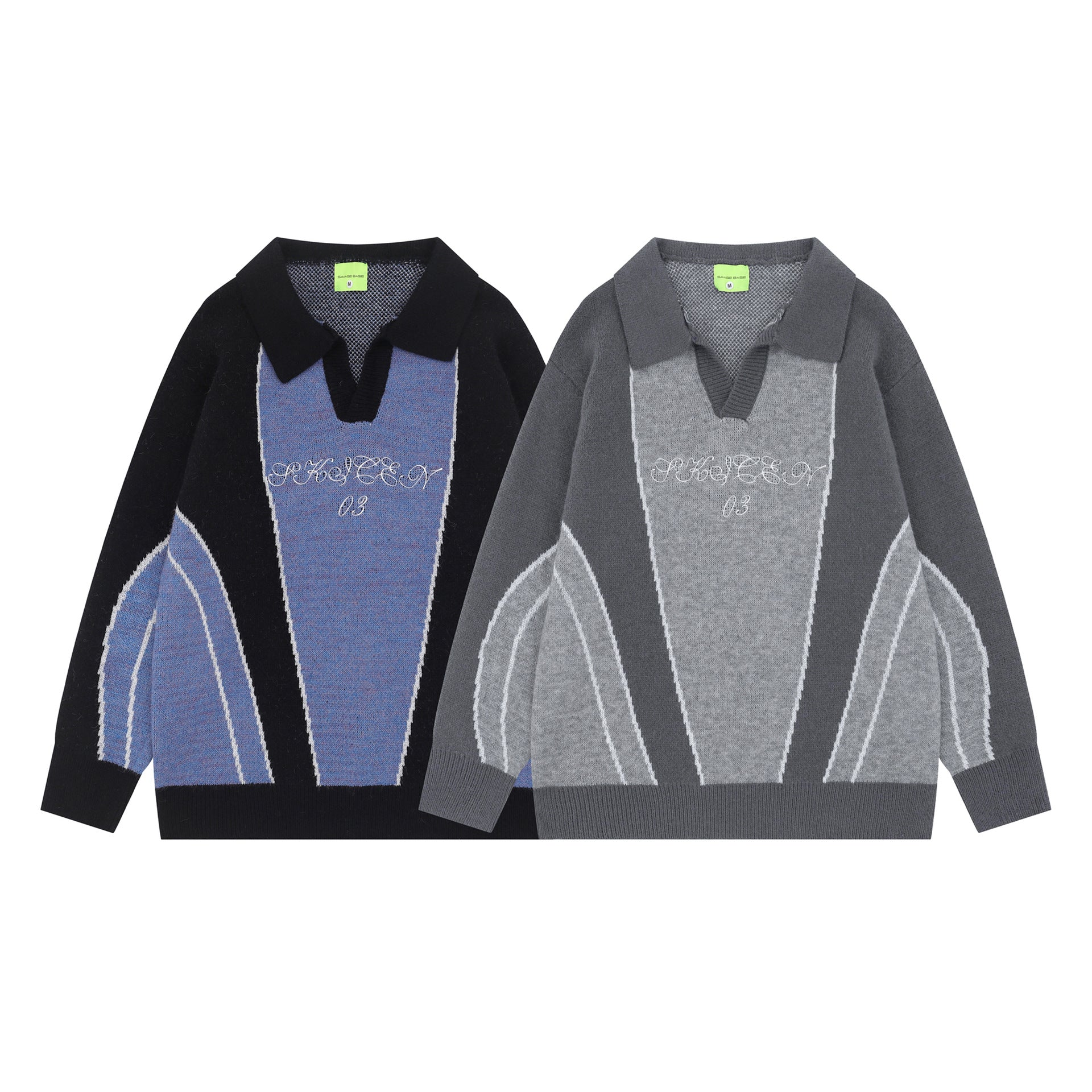 2025 New American Color-block Trendy Letter Embroidered Hip-hop Loose Casual Knit Top
