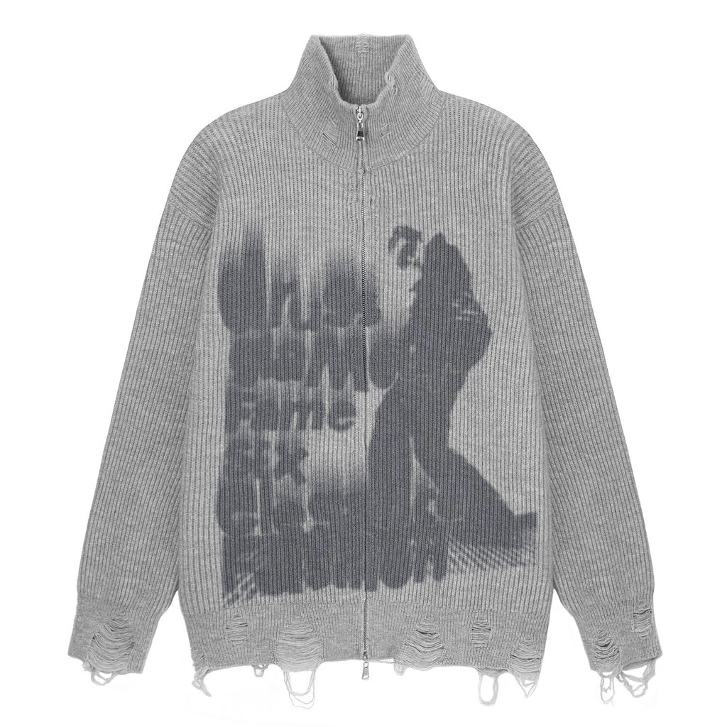 American-style High Street Graffiti Destruction Wind Cardigan Sweater Men's Autumn And Winter Hip-hop National Fashion Design Sense Knitwear