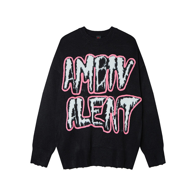 American Style Retro Hip-Hop Letter Knitted Crewneck Knitted Top Men's Autumn And Winter Fashion Brand Lazy Style Sweater