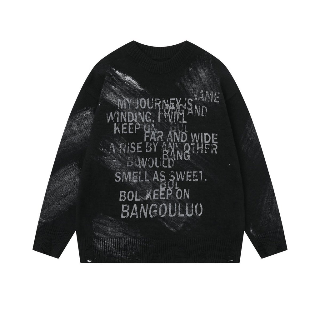 2025 American Style Retro Hip Hop Letter Embroidered Street Campus Style Loose Knit Sweater
