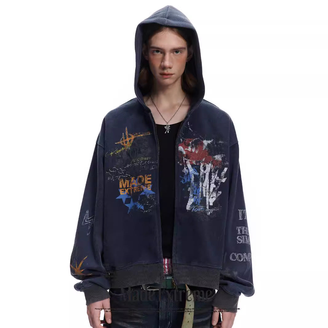 MADEEXTREME Street Hip Hop Graffiti Sweater Men's And Women's Spring And Autumn Oversize Cardigan Hooded Jacket Tide