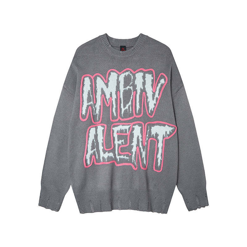 American Style Retro Hip-Hop Letter Knitted Crewneck Knitted Top Men's Autumn And Winter Fashion Brand Lazy Style Sweater