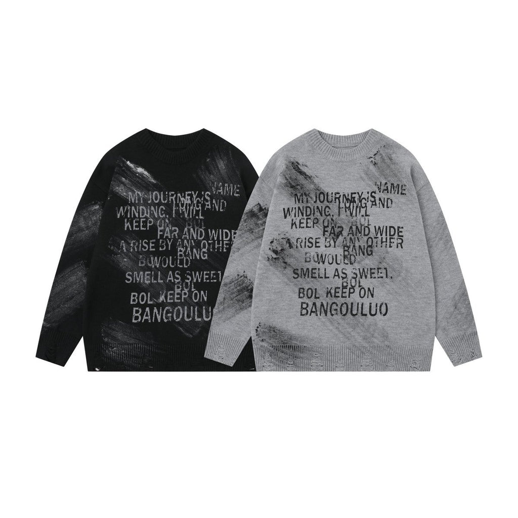 2025 American Style Retro Hip Hop Letter Embroidered Street Campus Style Loose Knit Sweater