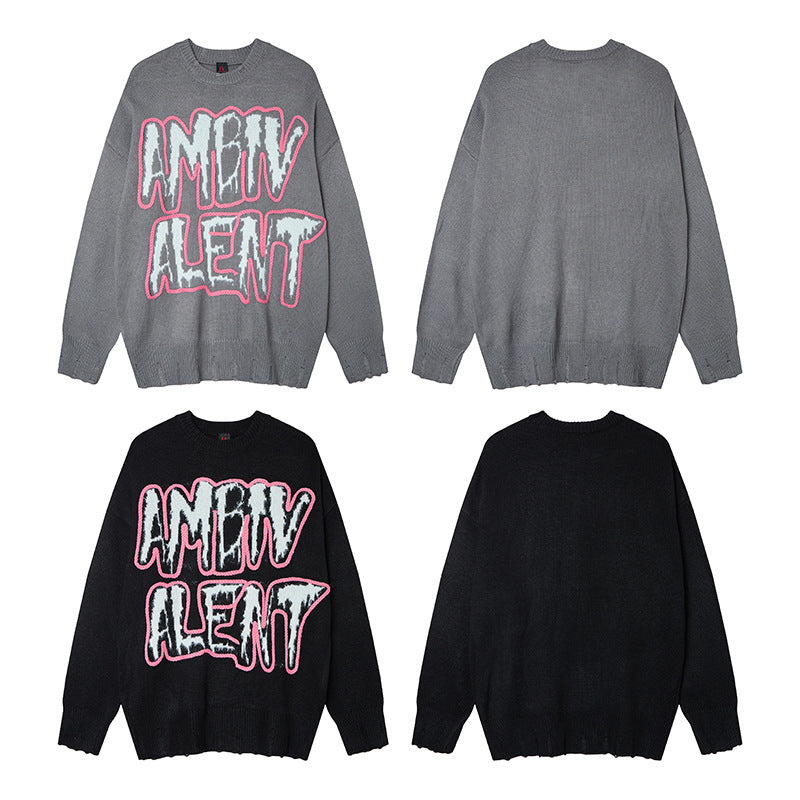 American Style Retro Hip-Hop Letter Knitted Crewneck Knitted Top Men's Autumn And Winter Fashion Brand Lazy Style Sweater