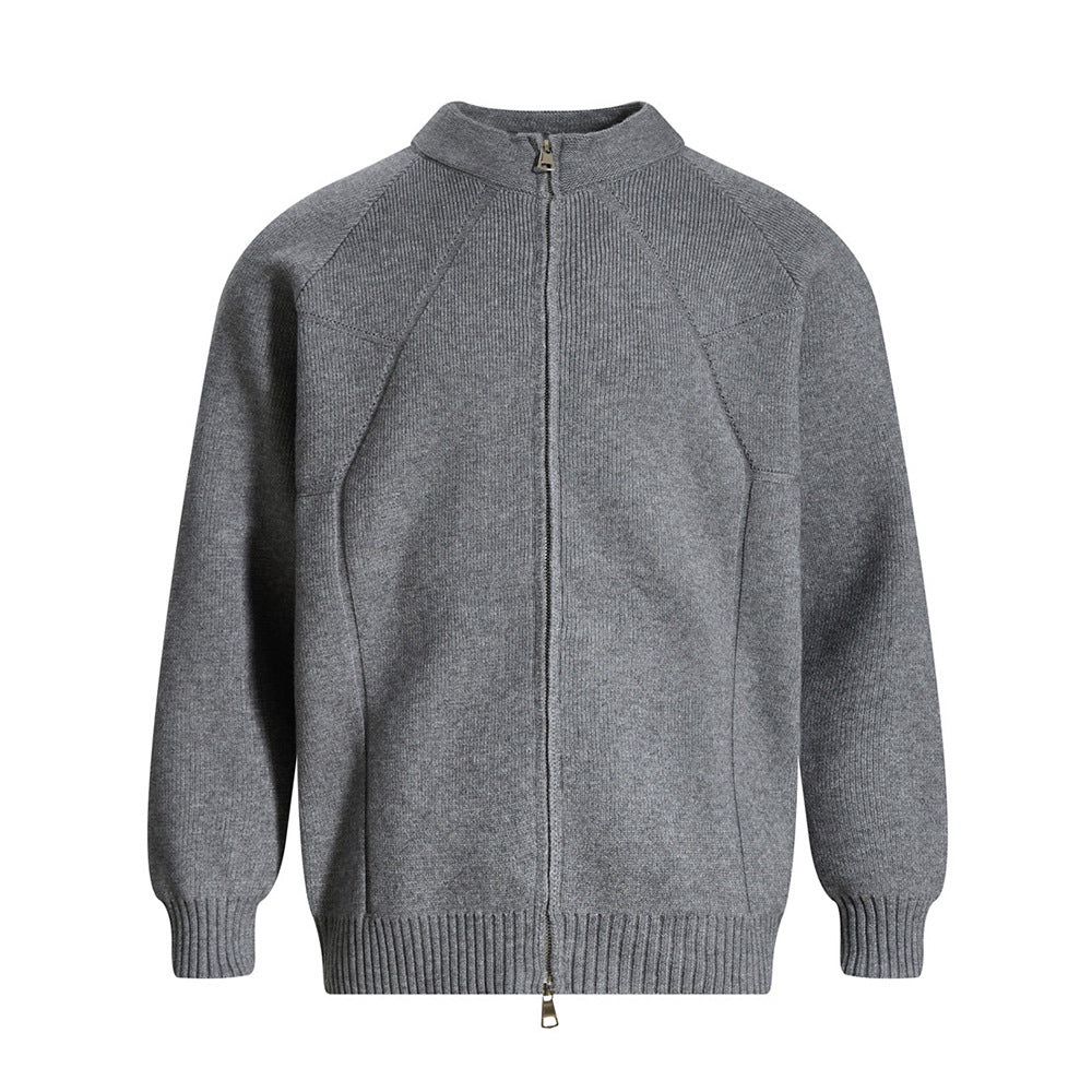 American Style Street Fashion Double Head Zipper Vertical Collar Sweater Jacket Men's Loose Solid Color All-match Three-dimensional Cut Knitted Cardigan