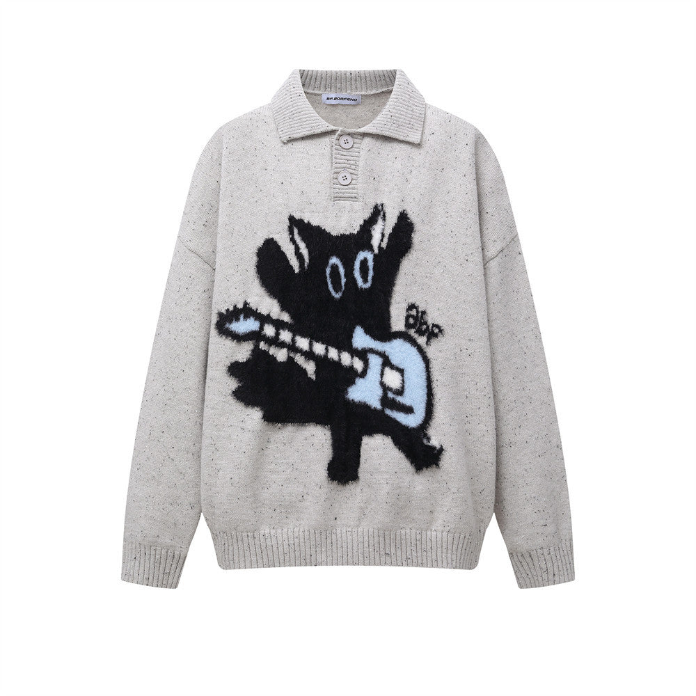 Fun Cartoon Jacquard Lapel Sweater Loose Men's Autumn And Winter Lazy Style Casual Long Sleeve POLO Collar Sweater Trendy