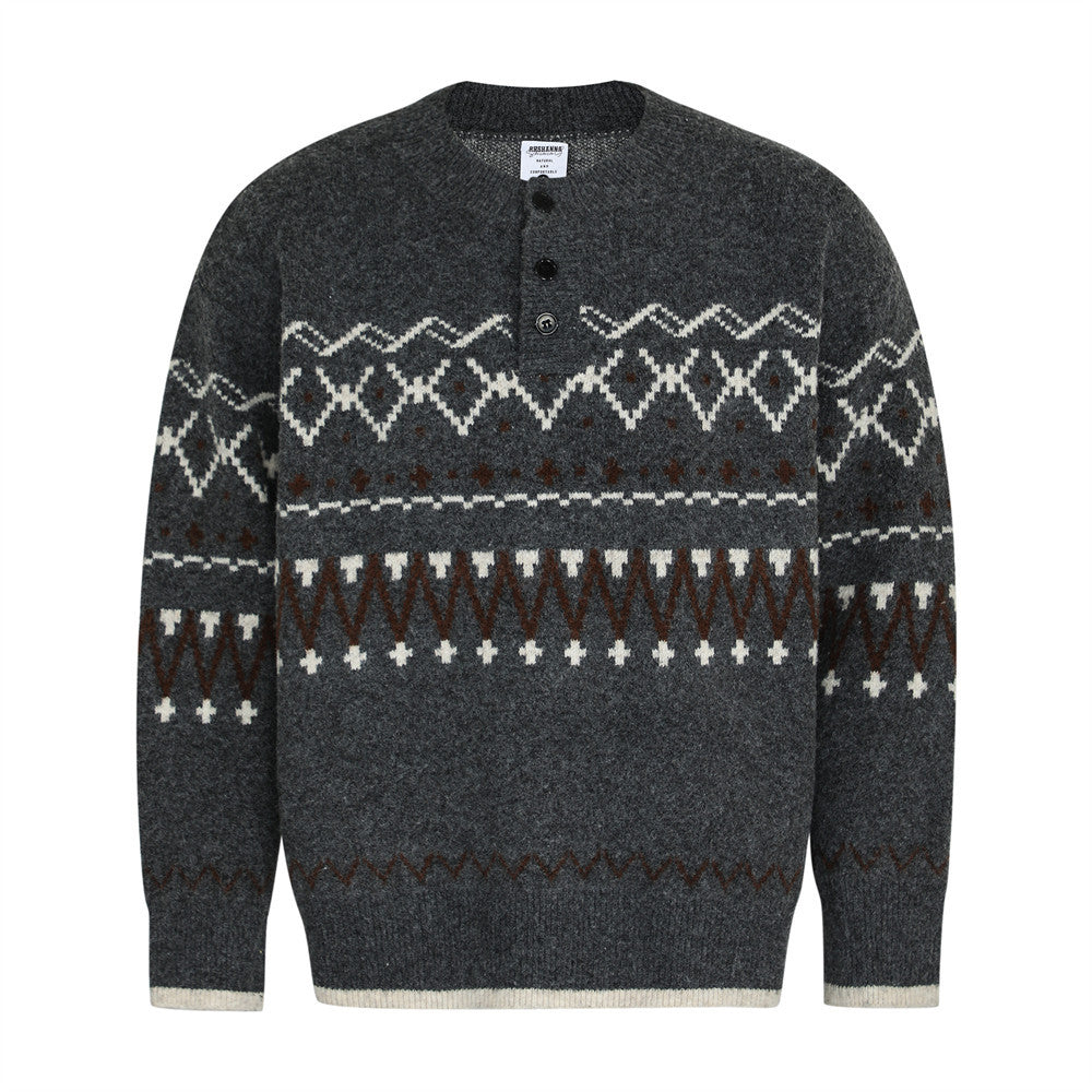 Ethnic Totem Jacquard Knitted Sweater Men's Loose Spring And Autumn Half Button Cardigan Round Neck Sweater Vibe Trendy