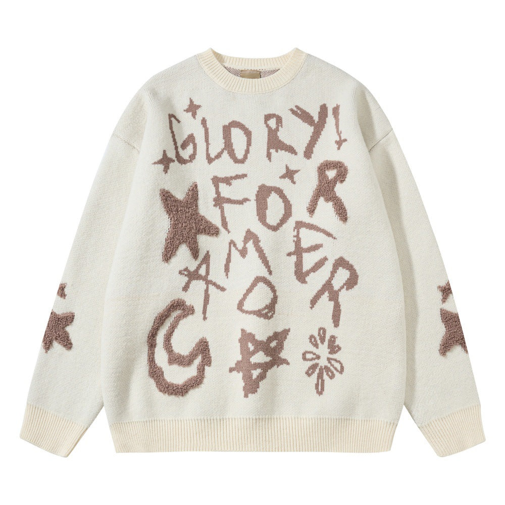 Graffiti Alphabet Jacquard Crewneck Sweater Men's Hip-hop Trendy Design Niche Casual Loose Long-sleeved Sweater