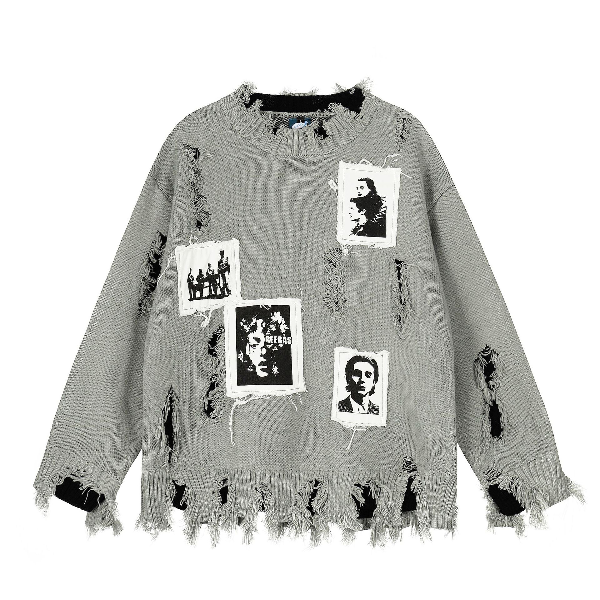 European And American High Street Distinctive Ripped Sweater Vintage Hip-hop Loose All-match Trendy Brand Sweater For Men And Women