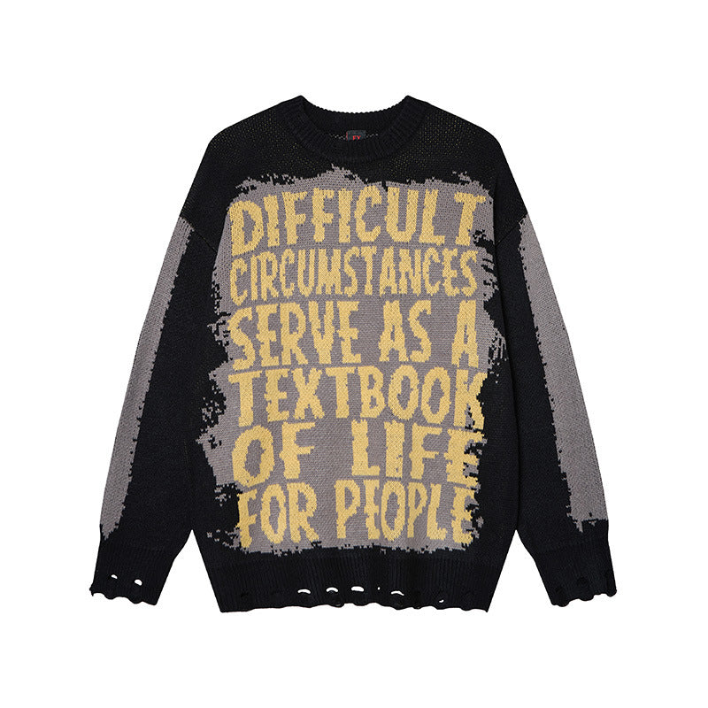 Niche Trendy Brand American Hip Hop Alphabet Jacquard Crewneck Sweater Men's Autumn And Winter Sweater Top