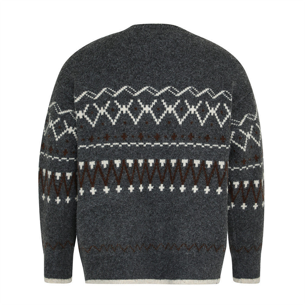 Ethnic Totem Jacquard Knitted Sweater Men's Loose Spring And Autumn Half Button Cardigan Round Neck Sweater Vibe Trendy