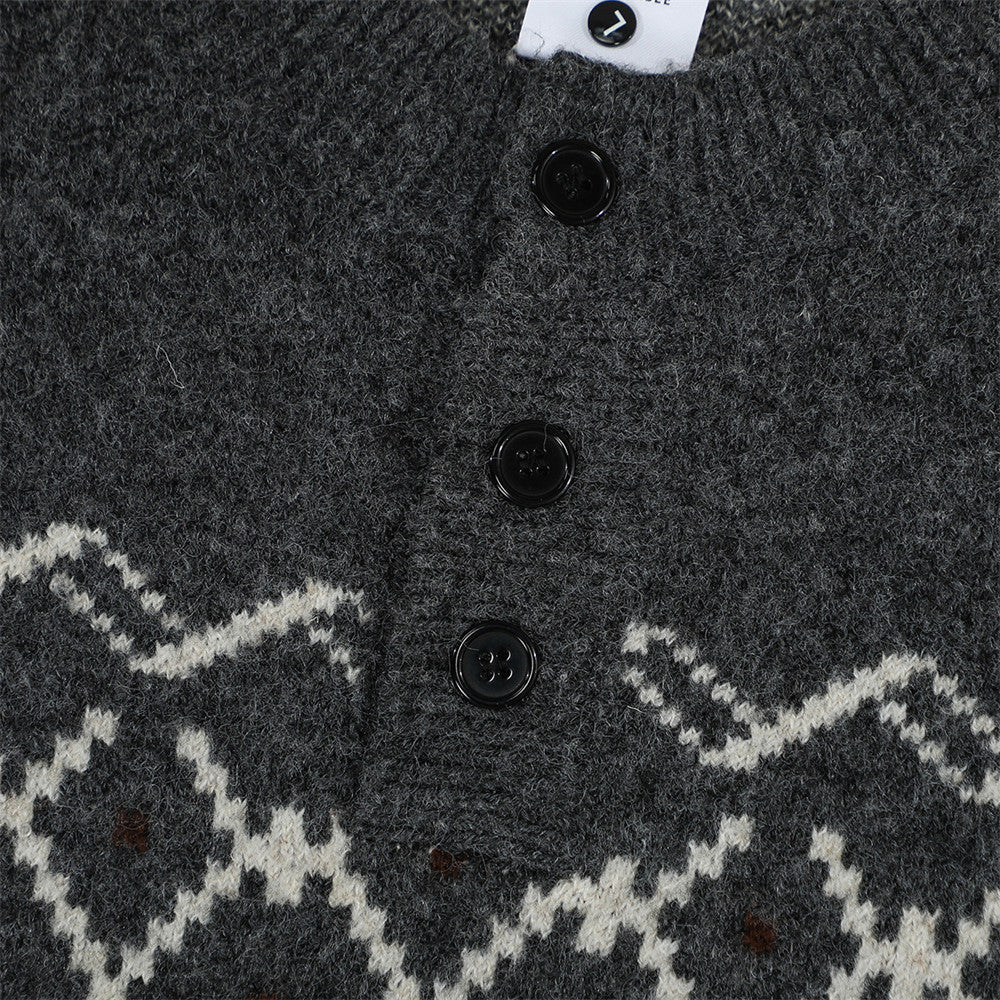 Ethnic Totem Jacquard Knitted Sweater Men's Loose Spring And Autumn Half Button Cardigan Round Neck Sweater Vibe Trendy