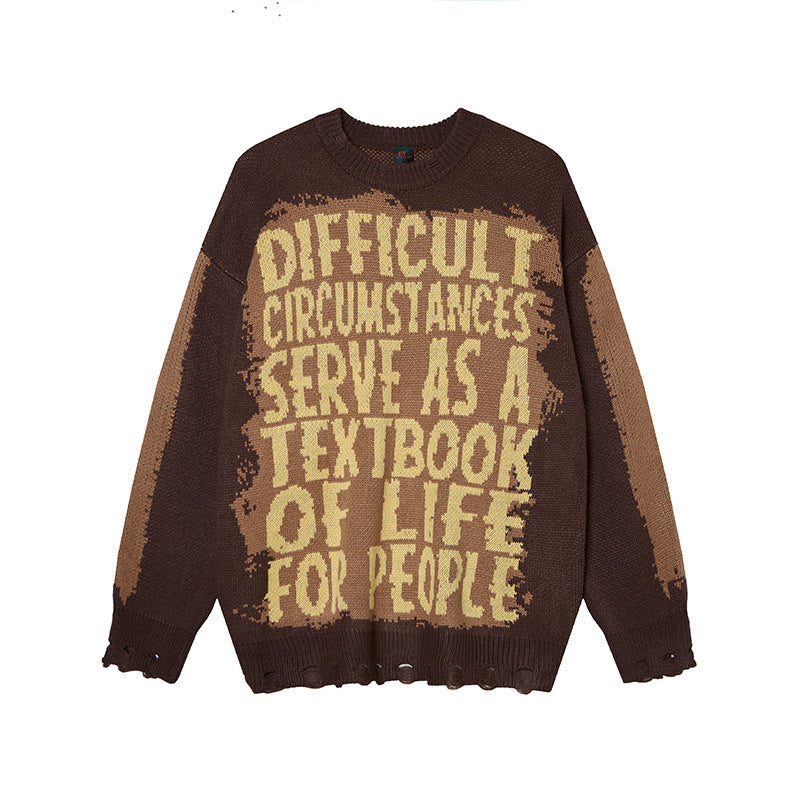 Niche Trendy Brand American Hip Hop Alphabet Jacquard Crewneck Sweater Men's Autumn And Winter Sweater Top