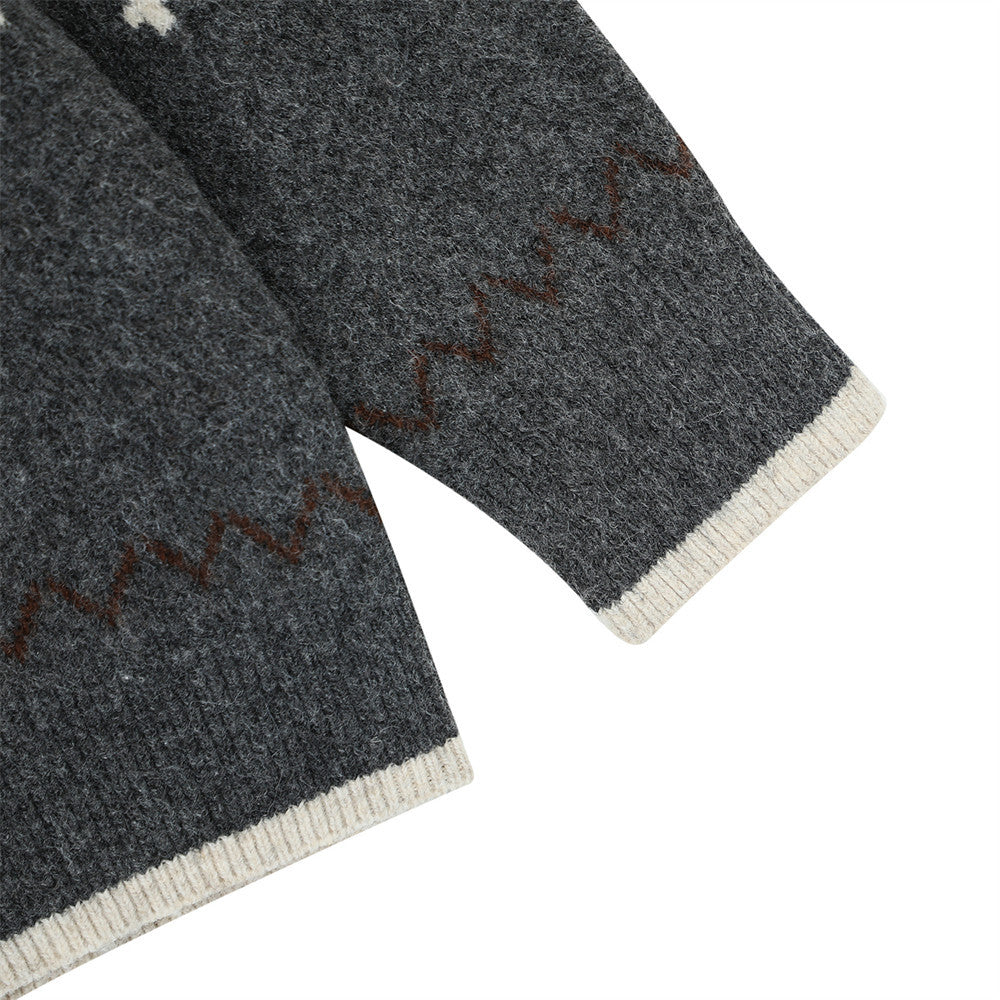Ethnic Totem Jacquard Knitted Sweater Men's Loose Spring And Autumn Half Button Cardigan Round Neck Sweater Vibe Trendy