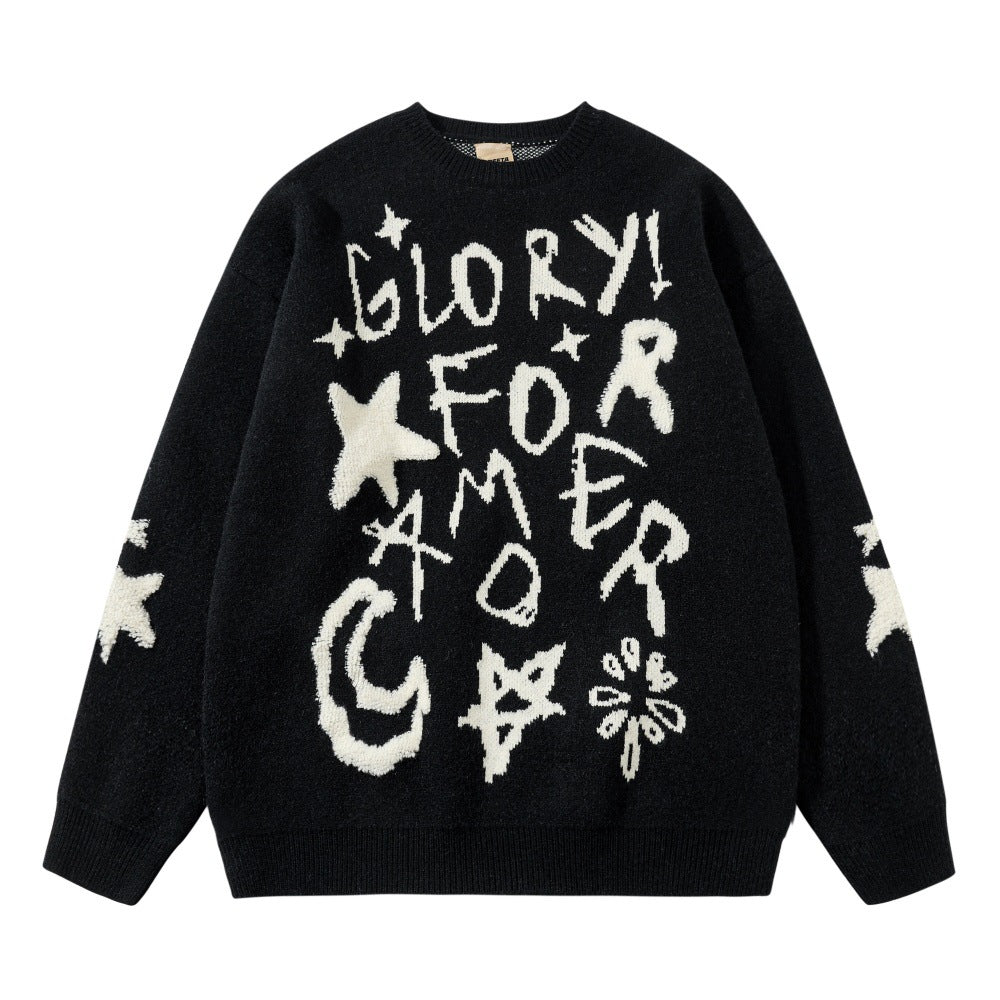 Graffiti Alphabet Jacquard Crewneck Sweater Men's Hip-hop Trendy Design Niche Casual Loose Long-sleeved Sweater