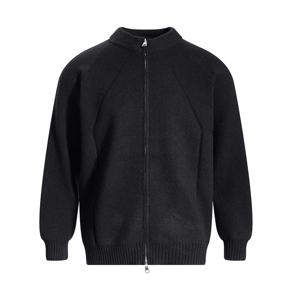 American Style Street Fashion Double Head Zipper Vertical Collar Sweater Jacket Men's Loose Solid Color All-match Three-dimensional Cut Knitted Cardigan