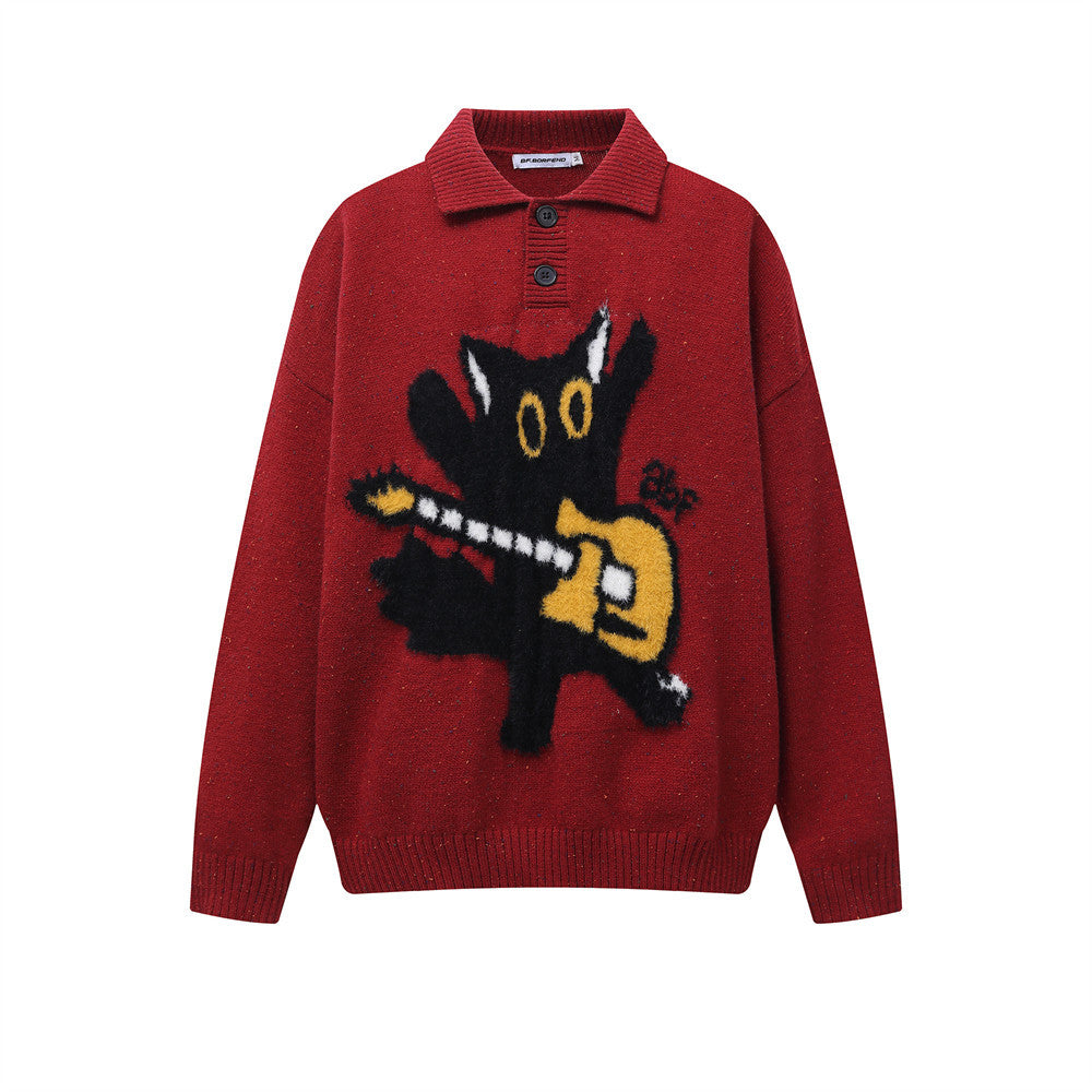 Fun Cartoon Jacquard Lapel Sweater Loose Men's Autumn And Winter Lazy Style Casual Long Sleeve POLO Collar Sweater Trendy