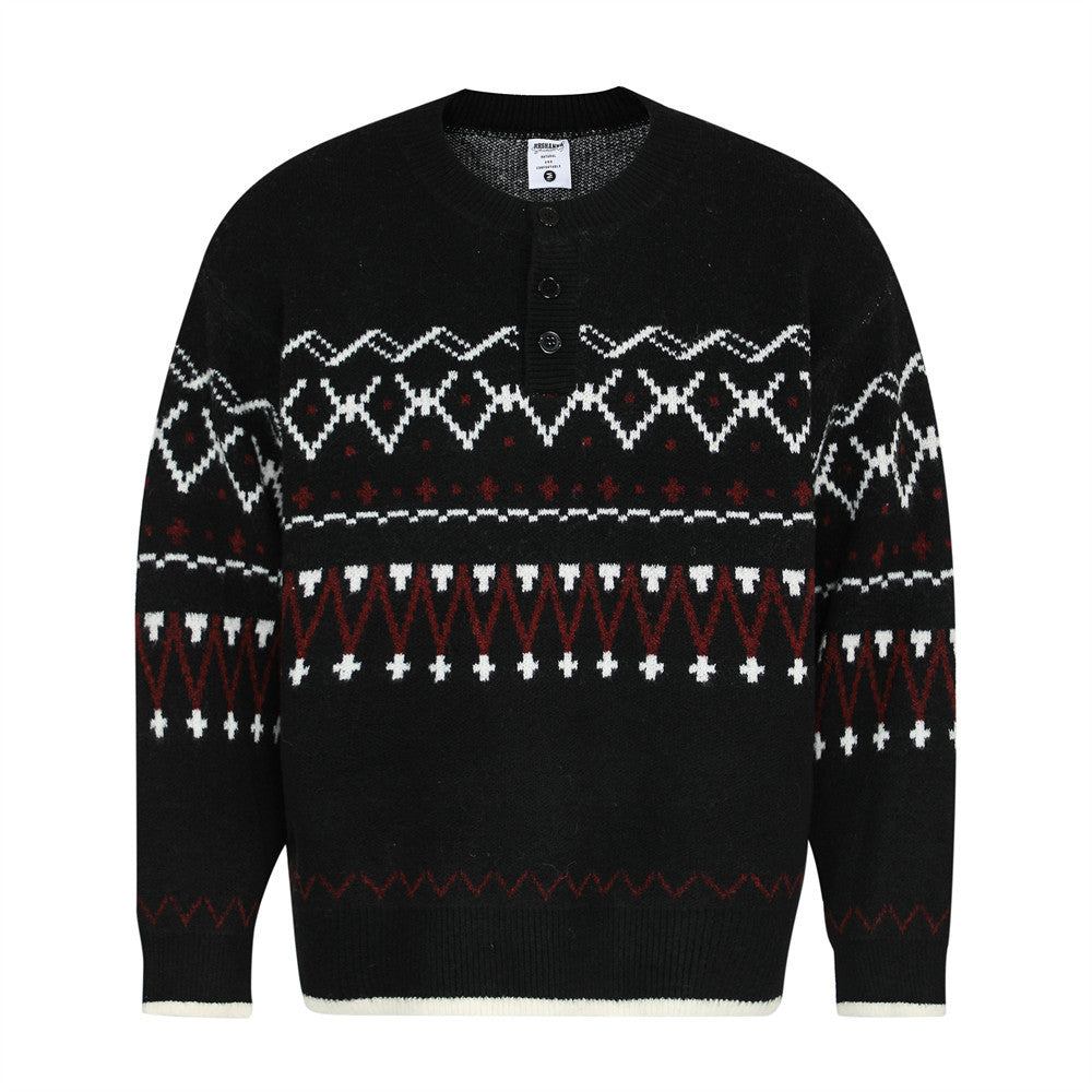 Ethnic Totem Jacquard Knitted Sweater Men's Loose Spring And Autumn Half Button Cardigan Round Neck Sweater Vibe Trendy