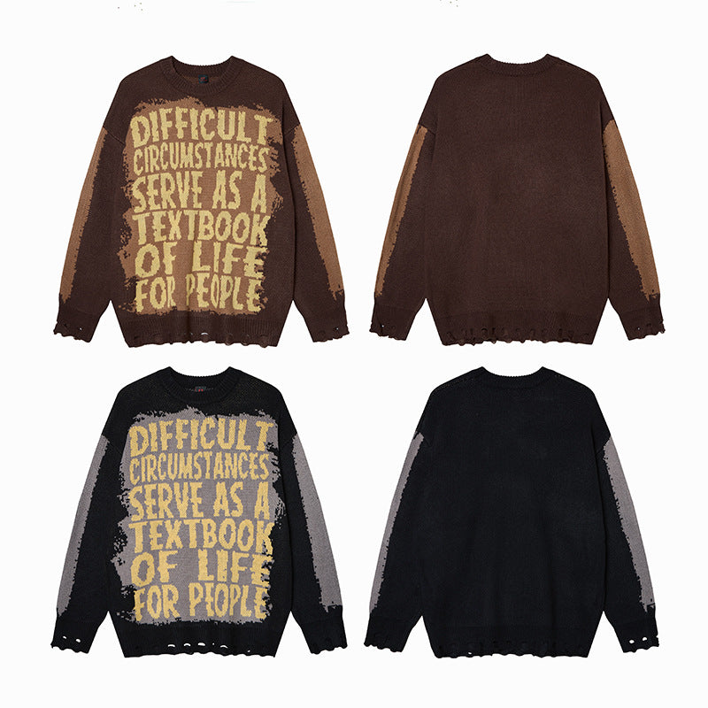 Niche Trendy Brand American Hip Hop Alphabet Jacquard Crewneck Sweater Men's Autumn And Winter Sweater Top
