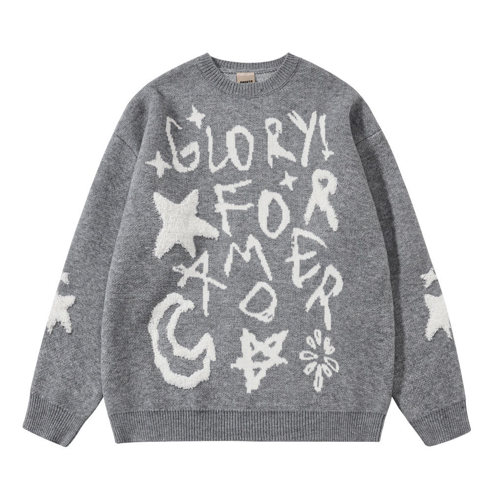 Graffiti Alphabet Jacquard Crewneck Sweater Men's Hip-hop Trendy Design Niche Casual Loose Long-sleeved Sweater