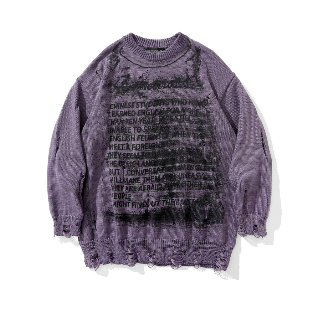 Diablo Letter Printed Beggar's Ripped Sweater Men's Ins High Street Trendy Brand Loose Round Neck Pullover Sweater