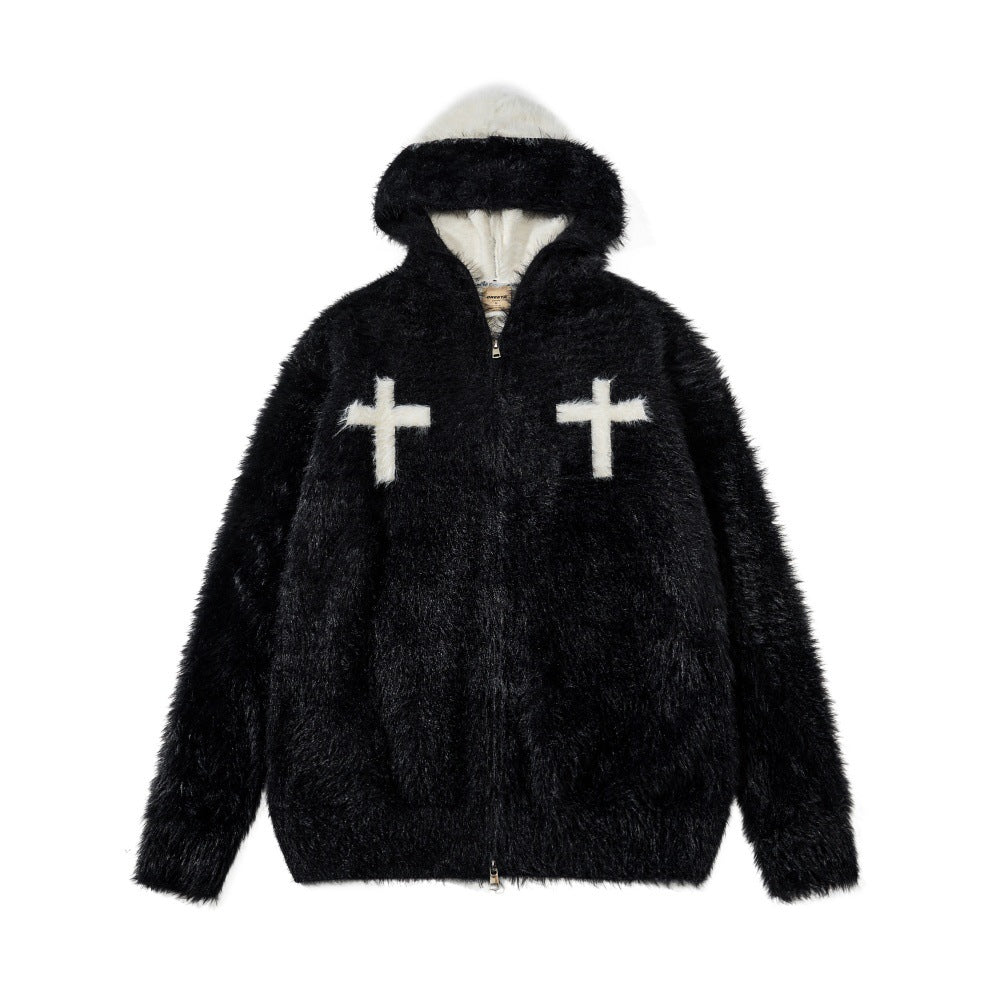 Men's Autumn And Winter Imitation Mink Fleece Hooded Knitted Coat Trendy Brand Contrast Color Cross Fleece-lined Double-head Zipper Cardigan Sweater
